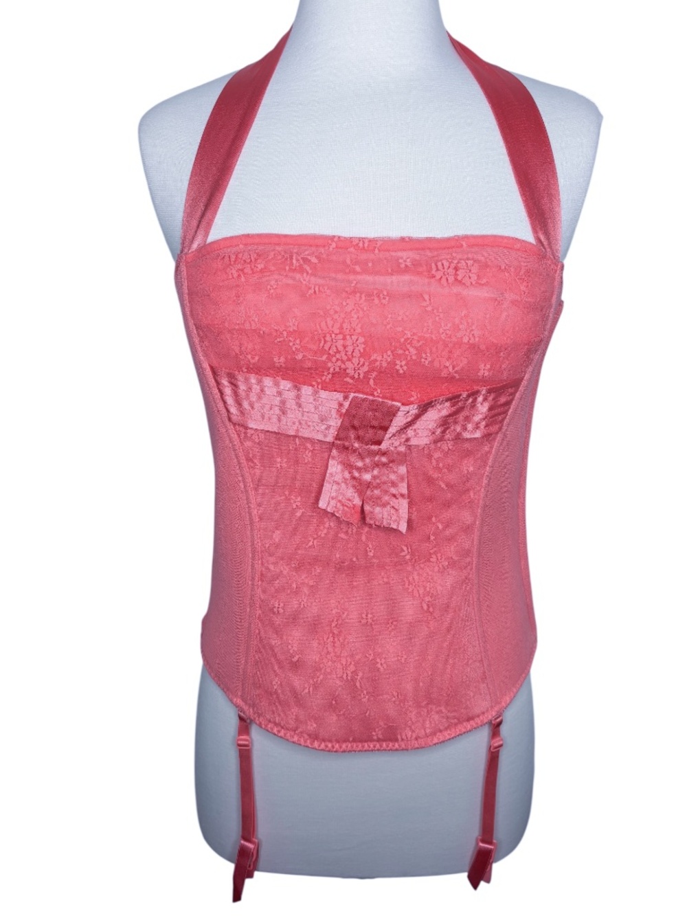 Frederick's of Hollywood Coral Pink Lace Mesh Back Lace Up Corset Top Size M 34